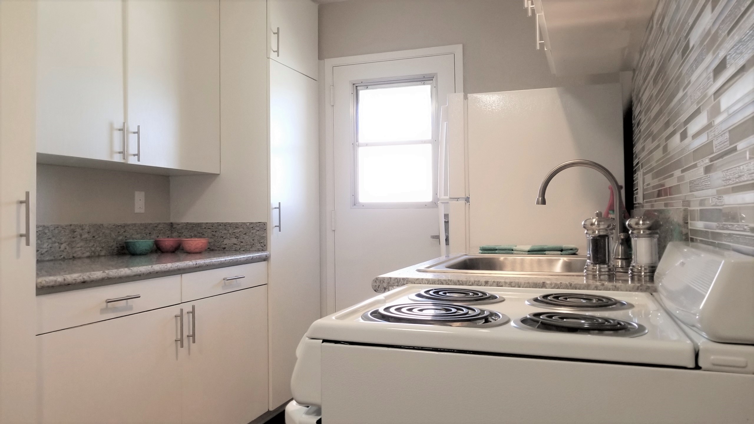 Kitchen view with back door